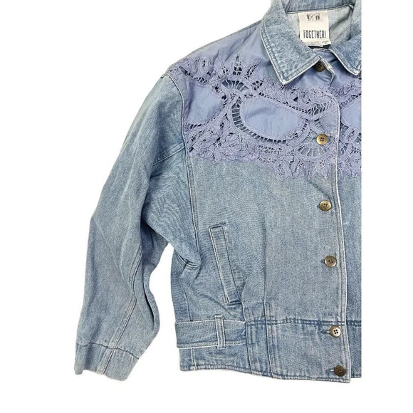Vtg Denim Jacket Womens Medium Cropped Lace Boho Western 80s Rodeo Jean Boxy - Picture 3 of 15